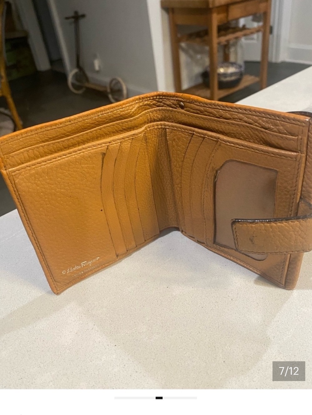 Salvatore Ferragamo Tan Pebbled Leather Gancini Clasp Bifold Wallet - Picture 8 of 10